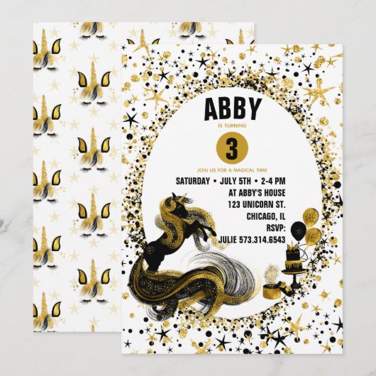Gold and Black Unicorn Birthday Party Invitation Kaart (Voorkant / Achterkant)