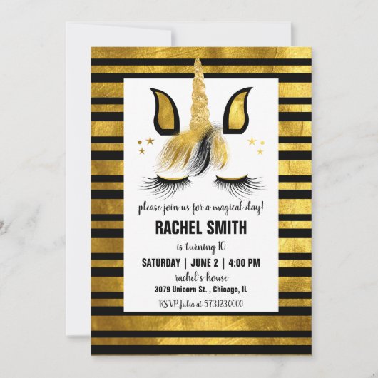 Gold and Black Unicorn Birthday Party Invitation Kaart (Voorkant)
