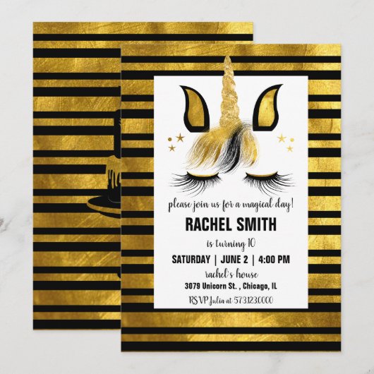 Gold and Black Unicorn Birthday Party Invitation Kaart (Voorkant / Achterkant)