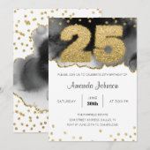 Gold and Black Waterverf 25th Birthday Invitation Kaart (Voorkant / Achterkant)