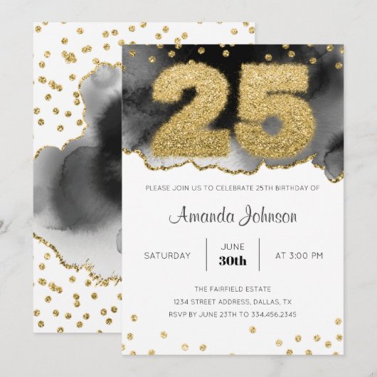 Gold and Black Waterverf 25th Birthday Invitation Kaart (Voorkant / Achterkant)