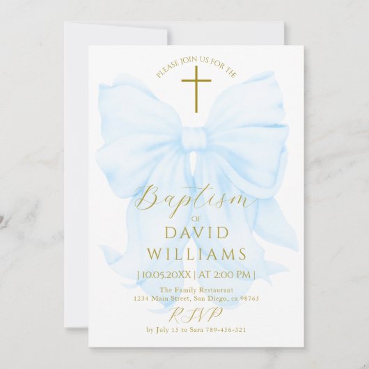 Gold and Blue Bow Boy Baptism Elegant Digital Kaart (Voorkant)