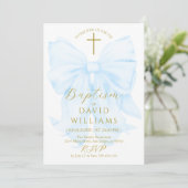 Gold and Blue Bow Boy Baptism Elegant Digital Kaart (Staand voorkant)