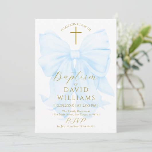 Gold and Blue Bow Boy Baptism Elegant Digital Kaart (Staand voorkant)