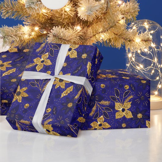 Gold and Blue Christmas Poinsettia Flowers Cadeaupapier (Feestdagen)