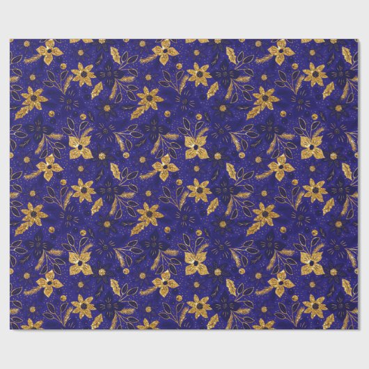 Gold and Blue Christmas Poinsettia Flowers Cadeaupapier (Vlak)