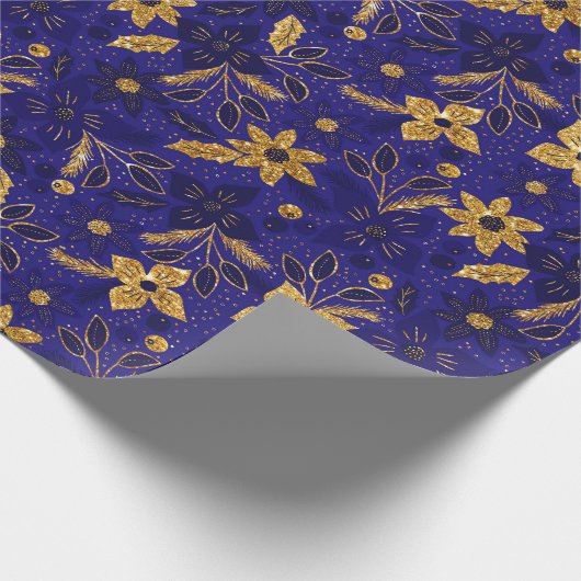Gold and Blue Christmas Poinsettia Flowers Cadeaupapier (Hoek)