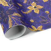 Gold and Blue Christmas Poinsettia Flowers Cadeaupapier (Rol Hoek)