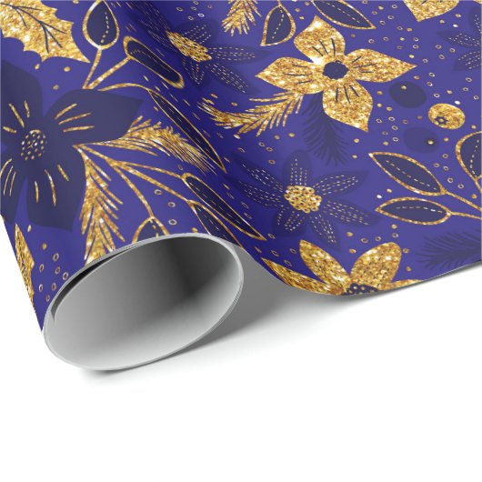 Gold and Blue Christmas Poinsettia Flowers Cadeaupapier (Rol Hoek)