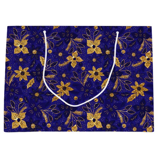Gold and Blue Christmas Poinsettia Flowers Groot Cadeauzakje (Voorkant)