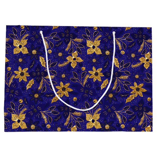 Gold and Blue Christmas Poinsettia Flowers Groot Cadeauzakje (Achterkant)