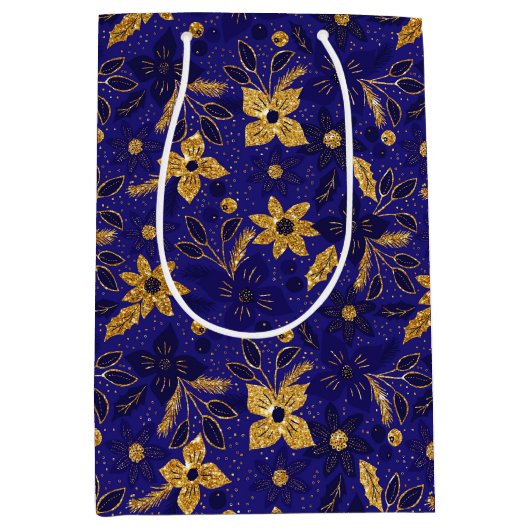 Gold and Blue Christmas Poinsettia Flowers Medium Cadeauzakje (Voorkant)