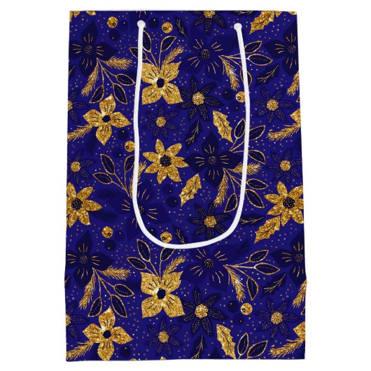 Gold and Blue Christmas Poinsettia Flowers Medium Cadeauzakje (Achterkant)