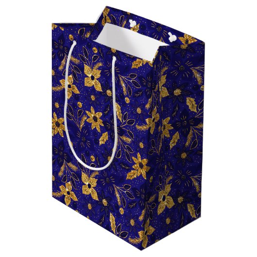 Gold and Blue Christmas Poinsettia Flowers Medium Cadeauzakje (Achterkant Gekanteld)