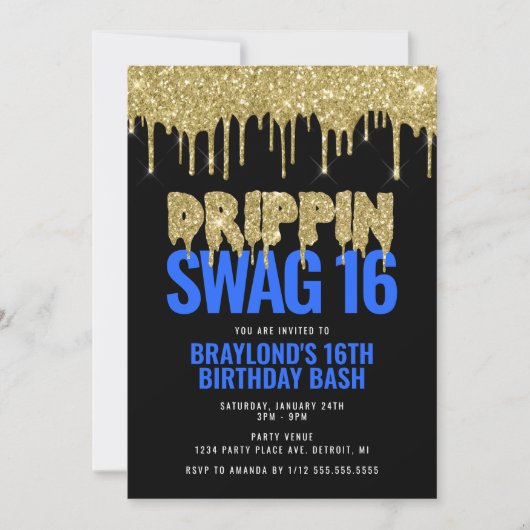 Gold and Blue Drippin Swag 16 Birthday Kaart (Voorkant)