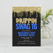 Gold and Blue Drippin Swag 16 Birthday Kaart (Staand voorkant)