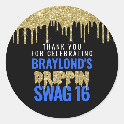 Gold and Blue Drippin Swag 16 Birthday Ronde Sticker (Voorkant)
