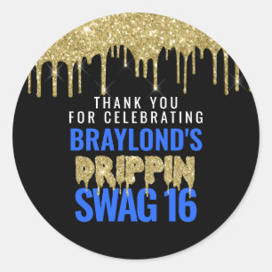 Gold and Blue Drippin Swag 16 Birthday Ronde Sticker