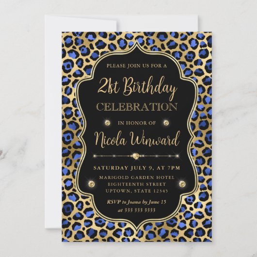 Gold and Blue Leopard Print Birthday Party Kaart (Voorkant)