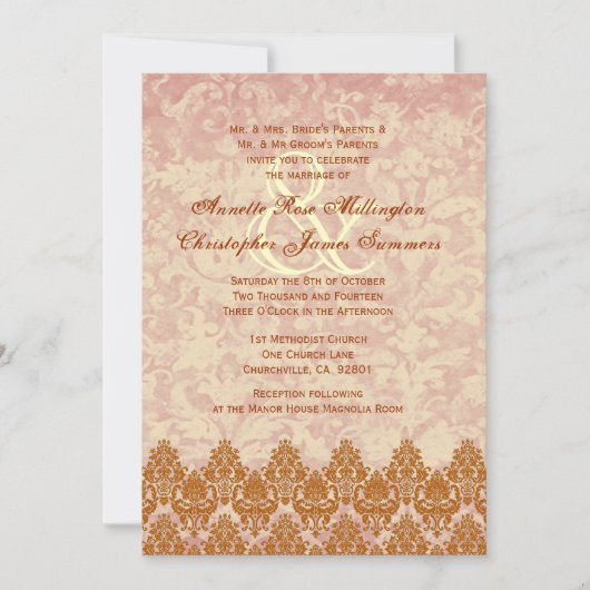 Gold and Blush Lace en Grunge Damask Wedding V01 Kaart (Voorkant)