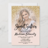 Gold and Blush Sweet 16 Photo Birthday Invitation Kaart (Voorkant)