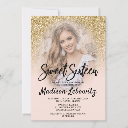 Gold and Blush Sweet 16 Photo Birthday Invitation Kaart (Voorkant)