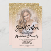 Gold and Blush Sweet 16 Photo Birthday Invitation Kaart (Voorkant / Achterkant)