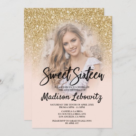 Gold and Blush Sweet 16 Photo Birthday Invitation Kaart (Voorkant / Achterkant)