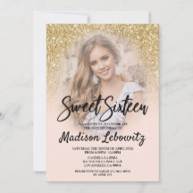Gold and Blush Sweet 16 Photo Birthday Invitation