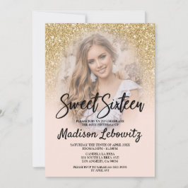 Gold and Blush Sweet 16 Photo Birthday Invitation Kaart