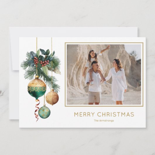 Gold and Green Christmas Ornaments Photo Feestdagenkaart (Voorkant)