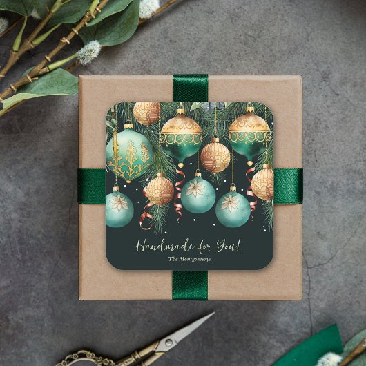 Gold and Green Christmas Ornaments Vierkante Sticker
