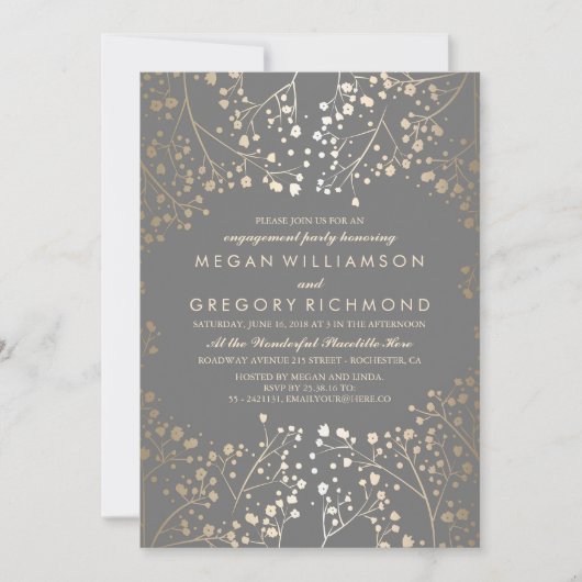 Gold and Grey Baby's Breath Engagement Party Kaart (Voorkant)