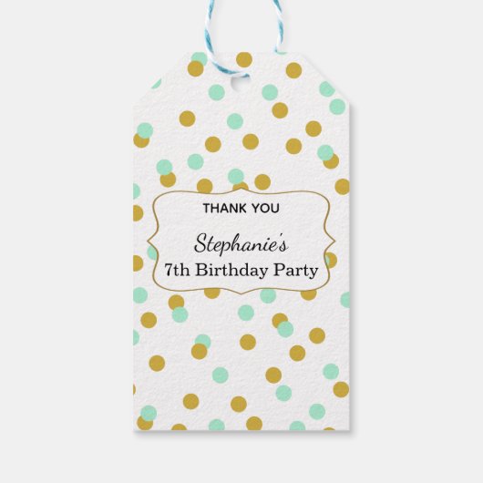 Gold and Mint Green Confetti Birthday Party Cadeaulabel (Achterkant)