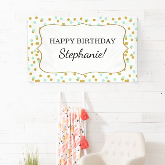Gold and Mint Green Confetti Birthday Party Spandoek (Insitu)