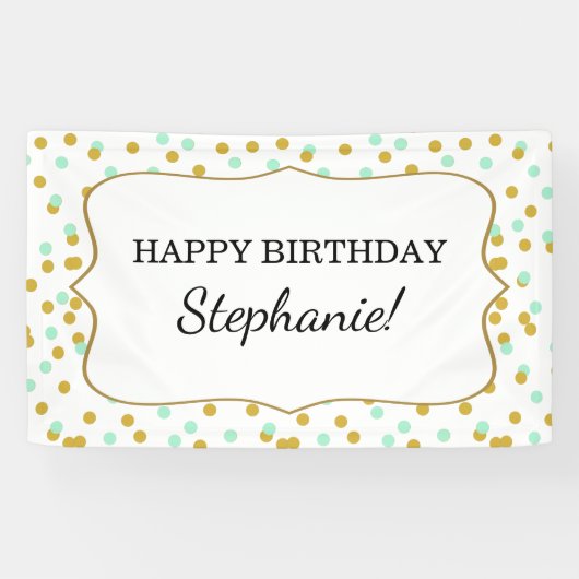 Gold and Mint Green Confetti Birthday Party Spandoek (Horizontaal)