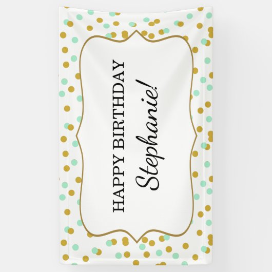 Gold and Mint Green Confetti Birthday Party Spandoek (Verticaal)
