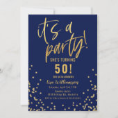 Gold and Navy Blue 50th Birthday Party Invitation Kaart (Voorkant)
