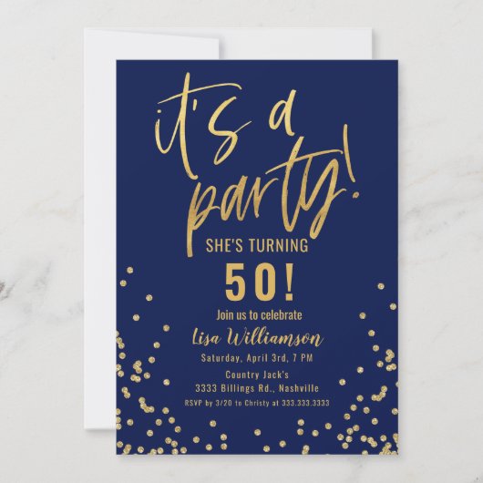 Gold and Navy Blue 50th Birthday Party Invitation Kaart (Voorkant)