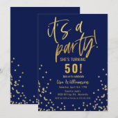 Gold and Navy Blue 50th Birthday Party Invitation Kaart (Voorkant / Achterkant)