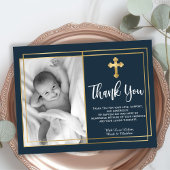 Gold and Navy Blue Baptism Photo Thank You Cards Bedankkaart