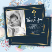 Gold and Navy Blue Baptism Photo Thank You Cards Bedankkaart