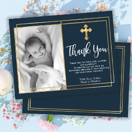 Gold and Navy Blue Baptism Photo Thank You Cards Bedankkaart