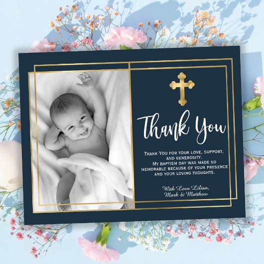 Gold and Navy Blue Baptism Photo Thank You Cards Bedankkaart