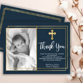 Gold and Navy Blue Baptism Photo Thank You Cards Bedankkaart