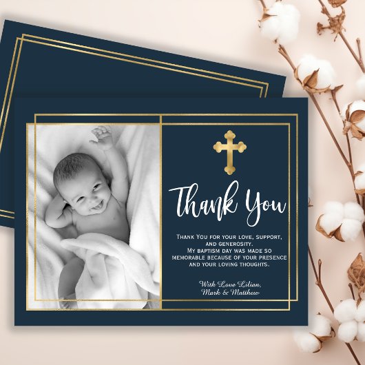 Gold and Navy Blue Baptism Photo Thank You Cards Bedankkaart