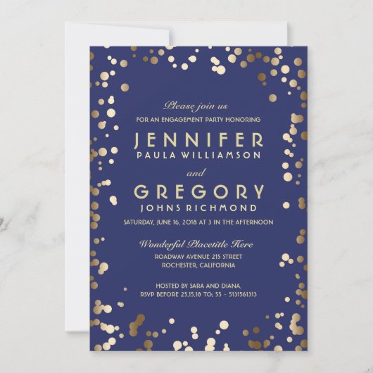 Gold and Navy Confetti Engagement Party Kaart (Voorkant)