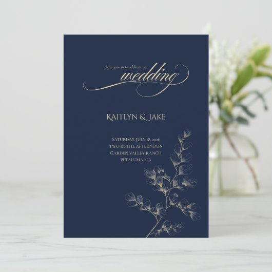 Gold and Navy Wedding Invitation Kaart (Staand voorkant)