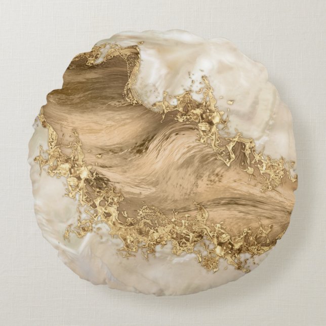 Gold and Pearl - Splatter and flow Rond Kussen (Voorkant)
