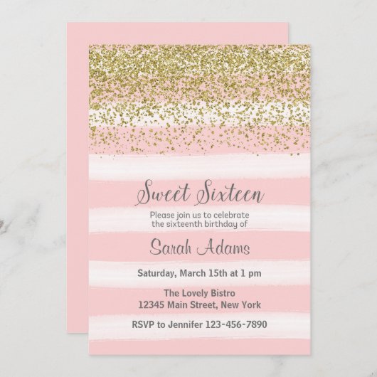 Gold and Pink Birthday Uitnodiging (Voorkant / Achterkant)